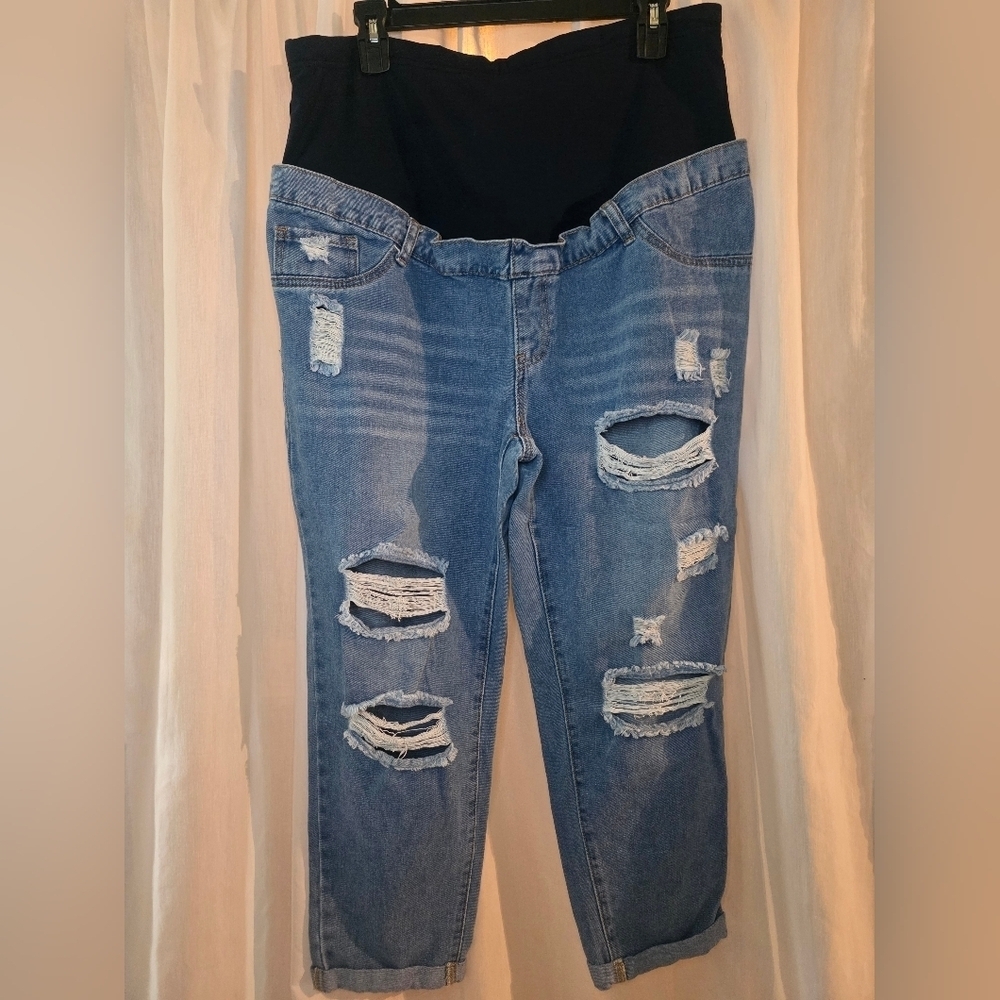 Shein Maternity Distressed Light Wash Jeans half panel Large